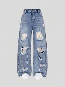 Sparklyn 时尚少女中长款水洗破洞松紧腰直筒休闲牛仔裤 - 中等水洗藍 - 查看 1