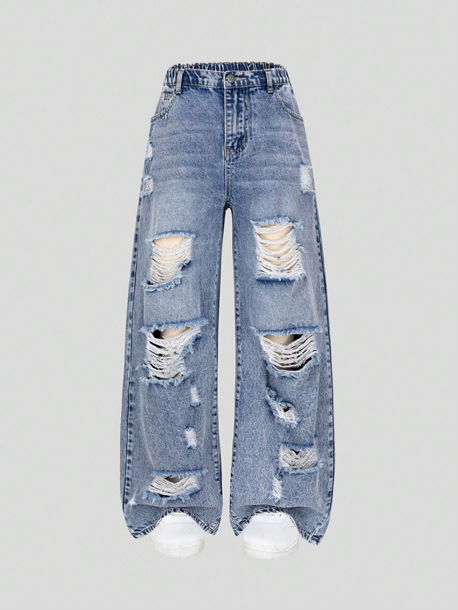 Sparklyn 时尚少女中长款水洗破洞松紧腰直筒休闲牛仔裤 - 中等水洗藍 - 查看 1