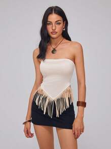 Roylia 女士纯色抹胸拼布下摆流苏休闲假日上衣 - 杏色 - 查看 6