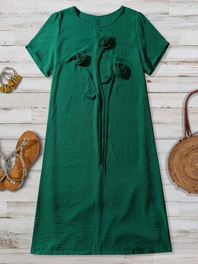 SHEIN LUNE 女式休闲梭织纯色圆领短袖宽松及膝大码连衣裙，夏季