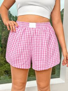 Comfortcana Valentine's Day Plus Size Women Loose Plaid Pattern Elastic Waist Shorts - Pink - View 4