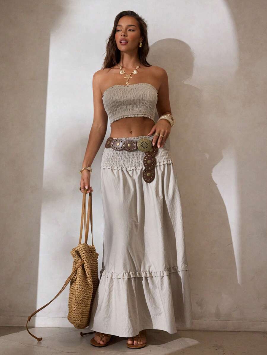 Aloruh Conjunto de dos piezas para mujer para uso diario, atuendos de verano para mujer, atuendos de festival rave, atuendos de festival, atuendos de concierto de country, conjunto de dos piezas de mujer con top tubo y falda, conjuntos de mujer, vacaciones bohemias - Albaricoque - Ver 1