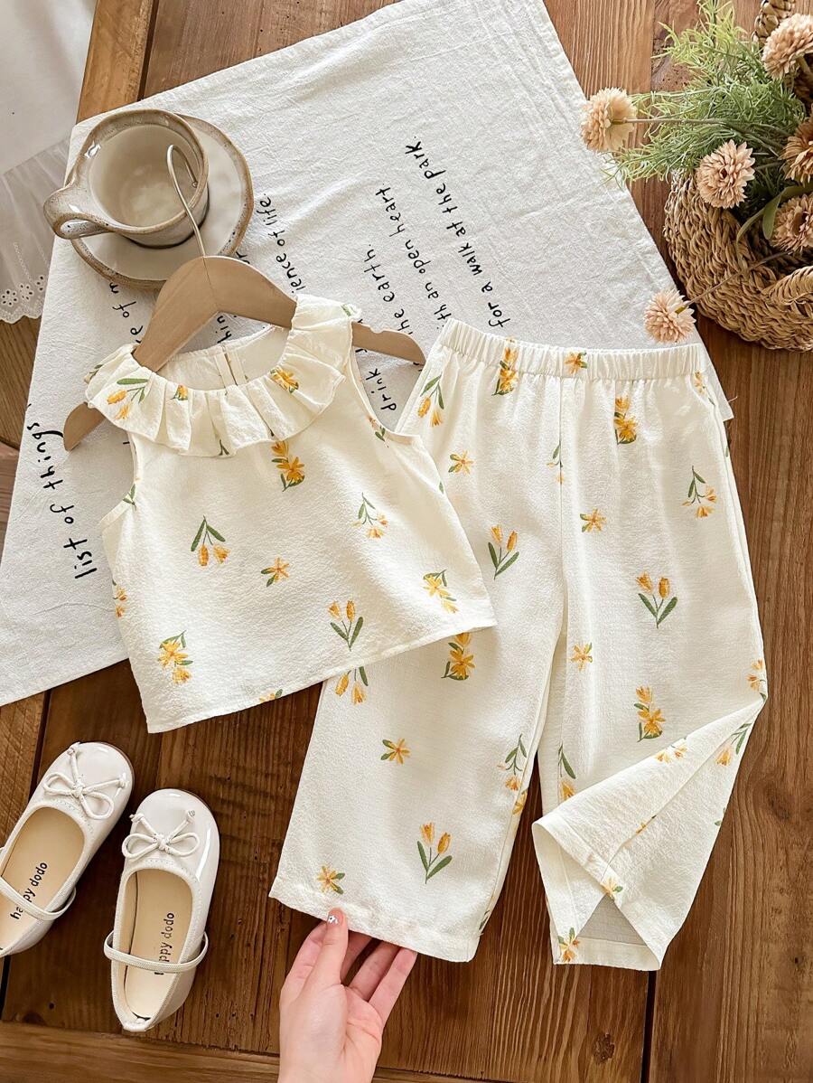 SHEIN LMoss Kids Babygirl 花卉印花荷叶边无袖上衣和松紧腰裤两件套套装，夏季度假 - 彩色 - 查看 1