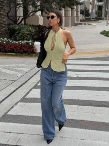 Siren Gaze 女式系带镂空修身吊带背心上衣、开衩衬衫短款上衣 - 綠色 - 查看 8