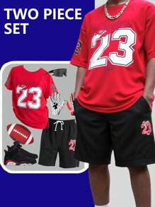 SHEIN Leap Crew 2 Packs Teen Boys' Casual Sports College Red Round Neck T-Shirt And Black Shorts Set With Letters And Numbers Combined Pattern Suitable For Teen Boy Outfits Toddler Boy Clothes Back To School Boys Set Suitable For Birthday Parties, Evening Parties, Performances, Weddings, Baptisms, Opening Ceremonies Daily Suitable For Daily Use Suitable For School Suitable For Travel Suitable For Sports Suitable For Spring And Summer Seasons
