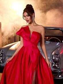 Glamrae Elegant Luxury Satin Ruched Extra Large Bow Maxi Dress With High Slit, Sexy Formal Gown For Weddings, Parties, Events, Cocktail, Party Dress, For Evening, Wedding Guest,Graduation,Teacher Outfits For Women,Teacher Dress - Red - View 5