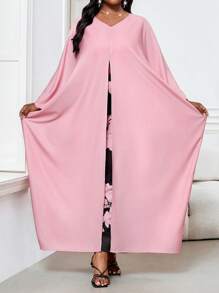 SHEIN Lady Vestido largo de túnica con mangas de murciélago abiertas, escote en V, pliegues y falda con abertura, en colores bohemios, casual y elegante, para primavera y verano, adecuado para pasear, playa u ocasiones casuales, tallas grandes, conjunto de 2 piezas para vacaciones