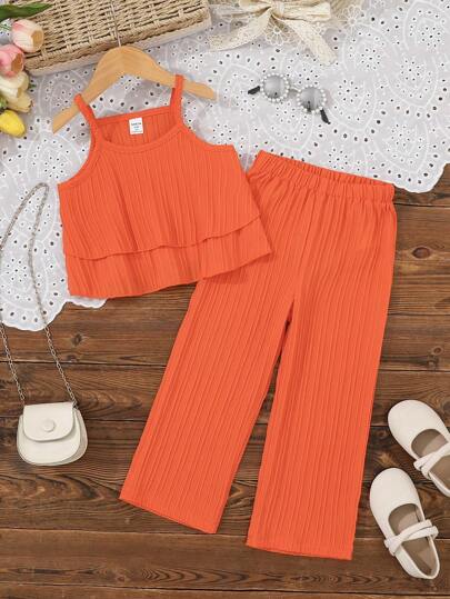 SHEIN 2pcs/Set Young Girl' Fashionable & Comfortable Ruffle Strap Top And Pants Suit, Suitable For Summer Holiday