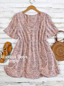 SHEIN LUNE Plus Size Size V-Neck Short Sleeve All Over Ditsy Floral Casual Tops, Daily Wear Boho Style/Bohemian Style, Holiday, Resort Style Summer Beach Wedding Guest Women Casual Summer Outing Shirt Mother's Day Simple And Stylish - Pink - View 1