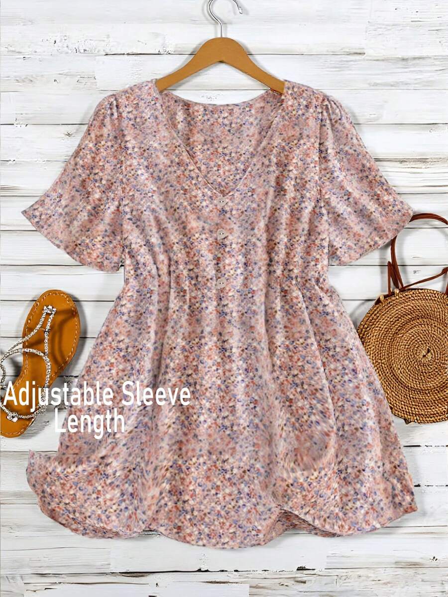 SHEIN LUNE Plus Size Size V-Neck Short Sleeve All Over Ditsy Floral Casual Tops, Daily Wear Boho Style/Bohemian Style, Holiday, Resort Style Summer Beach Wedding Guest Women Casual Summer Outing Shirt Mother's Day Simple And Stylish - Pink - View 1