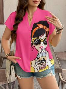 SHEIN LUNE Áo cánh tay ngắn họa tiết hình người phụ nữ ngoại cỡ, trang phục phương Tây, phong cách Boho, Bohemian, thập niên 90, lễ hội, mùa hè, đi chơi, mùa xuân, Boho, tiền cũ, lễ Phục sinh, mùa xuân, bãi biển - Màu Hồng Tươi - Xem 3