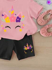 SHEIN Leap Crew Baby Girl Casual Simple Short Sleeve 2 Pieces Set, Suitable For Spring/Summer - Multicolor - View 5
