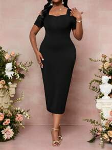 SHEIN Lady Đầm bodycon tay ngắn hở vai cỡ lớn cho nữ trang phục du ngoạn thanh lịch dành cho nữ, Đầm trang trọng dành cho nữ - màu đen - Xem 3