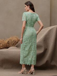 Anewsta Women Lace Trim Waist Tie Midi Dress, Short Sleeve, Elegant Summer - Aqua Green - View 2
