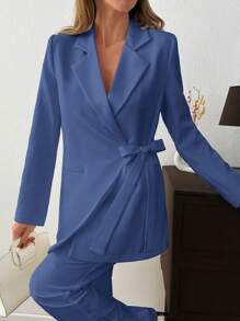 EURMUSE WOMEN ELEGANT SUIT SET WITH BELT DETAILED - Blue - View 5