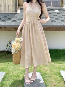 DAZY Vestido midi de mujer elegante de encaje y parches para vacaciones de verano, vestidos casuales para mujer