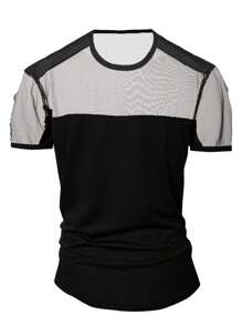 DSELFIQUE Men's Solid Color Mesh Splice Round Neck Short Sleeve Casual T-Shirt - Black - View 5