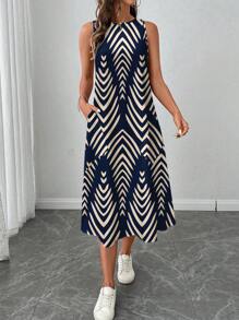 SHEIN LUNE 女士休闲几何条纹印花中长连衣裙，适合春夏季