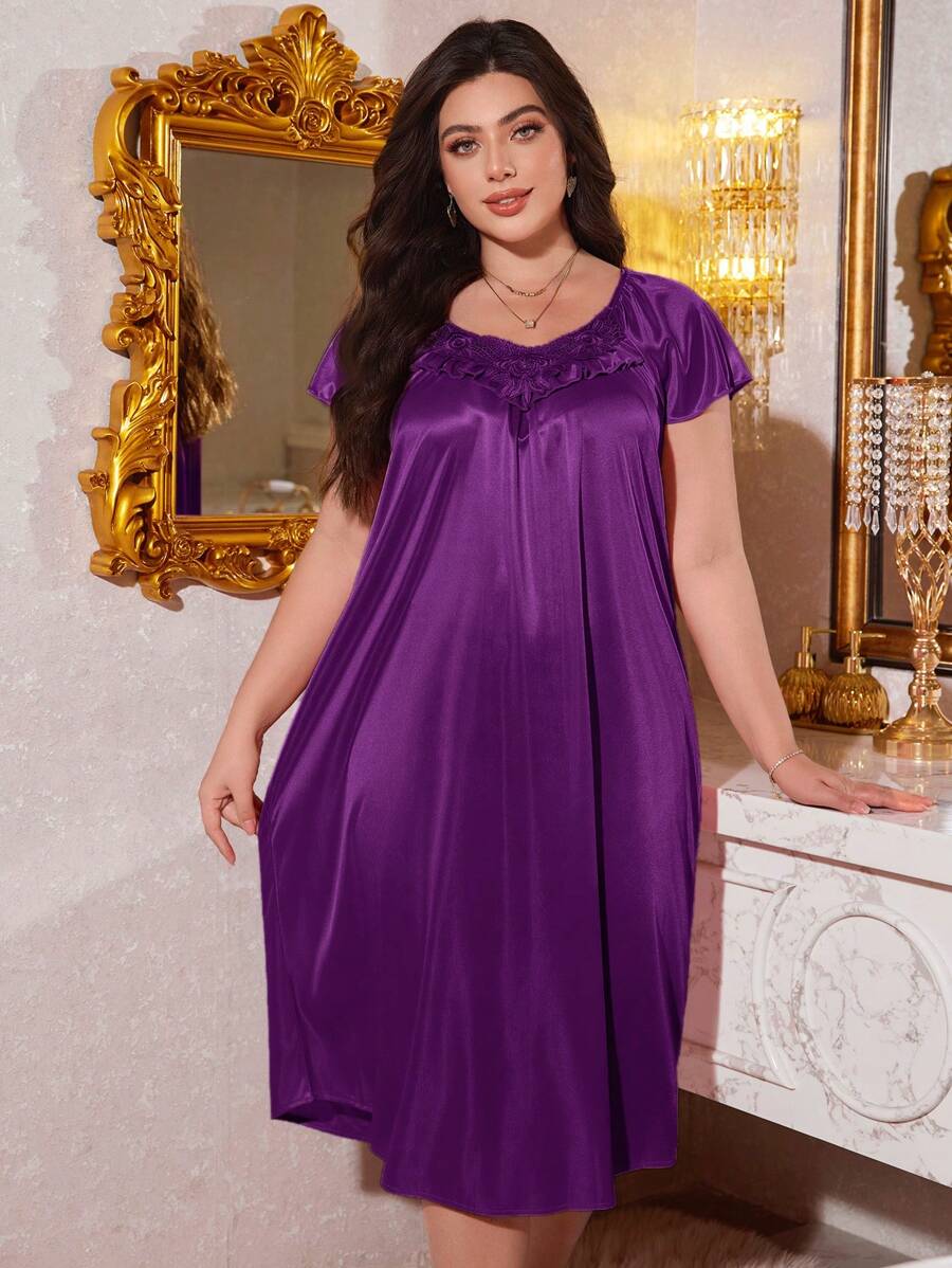 MuseNap CURVE 大码宽松荷叶边领装饰睡袍 - 紫色 - 查看 1