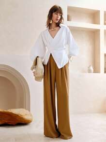 EMERY ROSE Women's Cotton Shirt Solid Color Waist Long Sleeve Blouse, Fashionable For Summer, Solid Color Cinching Waist Button Down Collared Long Sleeve Shirt, Casual Solid Color Drop Shoulder Loose Blouse,Draping Blouse,Lantern Sleeve Cotton Shirt,Summer Tops,Long Sleeve Top,Festival,Country Concert,Bohemia,Boho - White - View 7