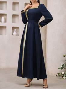 Chiquease 法式优雅浪漫编织蓝色拼接白色腰带金色蕾丝边长裙女装夏季 - 藍白色 - 查看 5