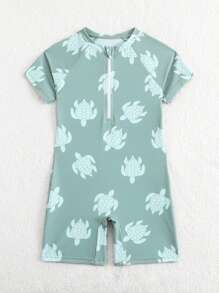 Young Boy Cartoon Turtle Print One-Piece Swimsuit, Summer Beach Vacation, Swimming Pool, Boys' Swimwear - Dark Green - View 4