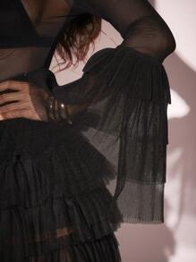 Vixey Sheer Mesh Layered Ruffle Sleeve Mock Neck Bodysuit, See Through Top, Cute Summer Tops, Festival - White - View 6