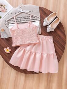 2 件套青少年女孩优雅套装：3D 花卉前背心衬衫和裙子