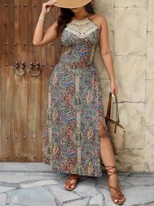 SHEIN Frenchy Plus Size Paisley Print Halter Crop Top And Skirt 2 Pieces Set, Vacation Casual - Multicolor - View 2