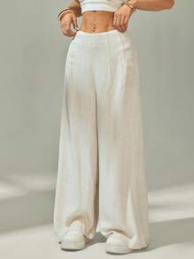 SHEIN PETITE Quần ống rộng vải lanh cạp cao thoải mái cho nữ, thích hợp mặc đi làm, đi làm, đi chơi, đi nghỉ, màu mơ - Màu be - Xem 8