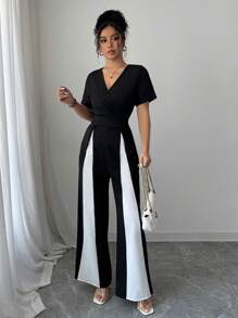 Elenzga 女士撞色重叠V领短袖优雅阔腿连体裤