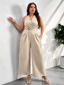 Firerie 大码女式露背卡其色法式度假宽松连体裤，适合度假旅行、休闲职场装 - 卡其色 - 查看 6