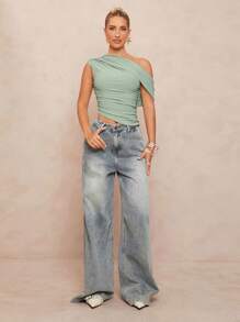 Lumalex 1 件女式不对称肩部高弹柔软斜肩衬衫 - 杏色 - 查看 2