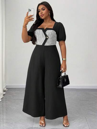 SHEIN Unity 女士加大码夏季休闲通勤时尚简约方领拼色连体裤