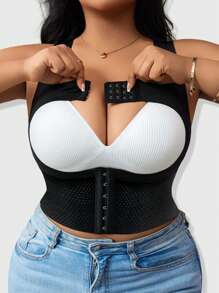 SHEIN 1pc Women Plus Size Slimming Underwear Vest Top, Front Buckle Back Hollow Uplift & Tummy Control Shapewear - Black - View 1