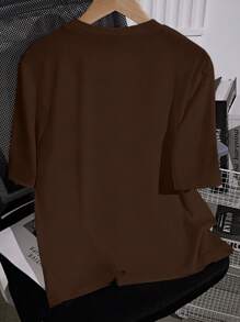 SHEIN PETITE Áo thun nữ cổ tròn tay ngắn màu trơn, mùa hè - màu nâu - Xem 2