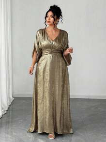 Elenzga Plus Size Women's Hot Selling V-Neck Split Waist A-Line Metallic Print Elegant Slimming Evening Dress For High-Level Banquet, Party, Business, Off Shoulder, Romantic, Super Long, Formal Gown - Gold - View 5