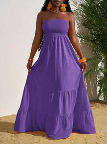 Slaydiva 荷叶边露肩度假长裙，夏季时尚 - 紫色 - 查看 6