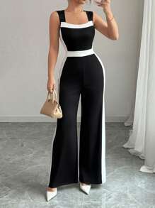 SHEIN Unity Women's Elegant Contrast Color Strap Wide Leg Jumpsuit - Black and White - View 1