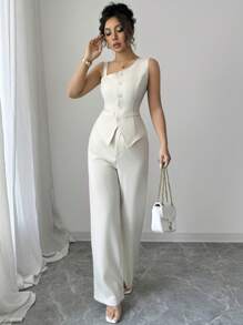 Elenzga 女士春夏无袖纽扣背心和直腿纽扣裤套装 - 杏色 - 查看 1