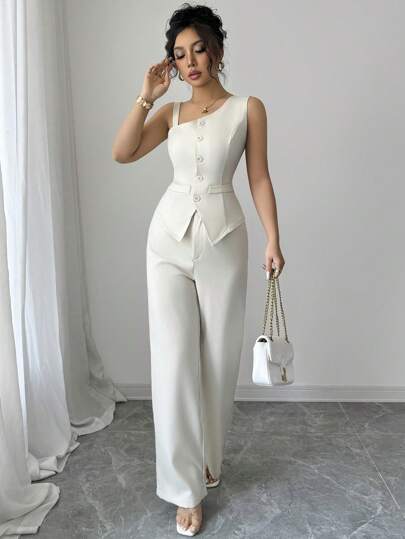 Elenzga Conjunto de chaleco sin mangas con botones y pantalones rectos con botones para mujer, apropiado para primavera/verano