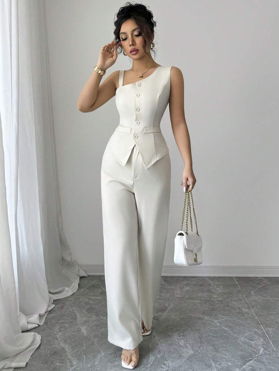 Elenzga 女士春夏无袖纽扣背心和直腿纽扣裤套装 - 杏色 - 查看 1