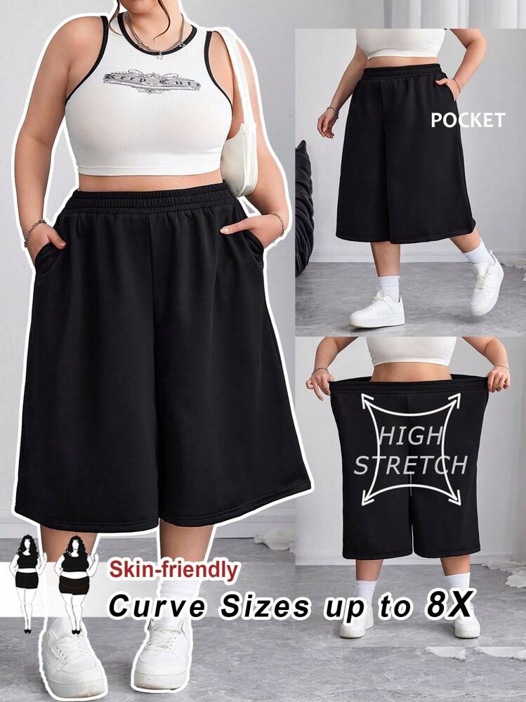 SHEIN CURVE+ Plus Size Casual Super Wide 3/4 Length Sweat Shorts, Spring/Summer, Curve Plus, Boho Vacation - Black - View 1