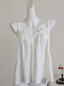 Elamini 浪漫假期圆点雪纺抽绳珍珠装饰吊带背心 - 白色 - 查看 3