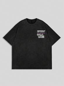 ROMWE MEN Street Life 男士休闲标语和人物印花短袖 T 恤 - 黑色 - 查看 2