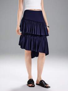LYSMO Asymmetrical Pleated Blue Skirt, Fashionable For Summer - Navy Blue - View 3