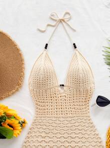 Soleia 大码性感细肩带 V 领镂空珠饰修身针织连衣裙，度假细肩带露背渐变色连衣裙，适合度假、约会、下午茶、音乐节、波西米亚风