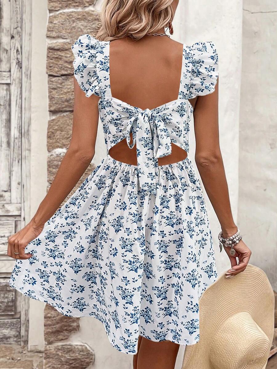 Breezaya Women's Ruffle Strap Full Print Tie Back Dress Vacation Beach Outfit