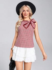 Wildy BOHO Women's Casual Lace-Up Plaid Sleeveless Shirt - Red - View 3
