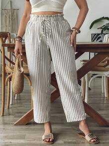 SHEIN VCAY Quần ống đứng cạp chun kẻ sọc cỡ lớn cho nữ, quần dài ngày lễ phong cách Bohemian giản dị cho tiệc hồ bơi, cô gái mùa hè theo phong cách Boho sang trọng, tiệc sáng muộn, sân bay, bãi biển, kỳ nghỉ, nghỉ ngơi trong thành phố, ngày lễ, trang phục miền Tây - trắng - Xem 7